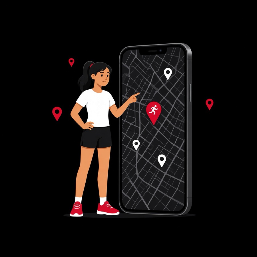 Corredora señalando una carrera en el mapa de Corre Pe