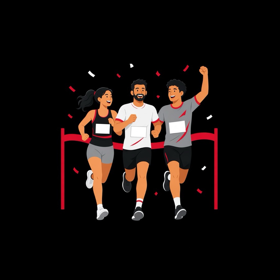 Tres corredores cruzando juntos la meta